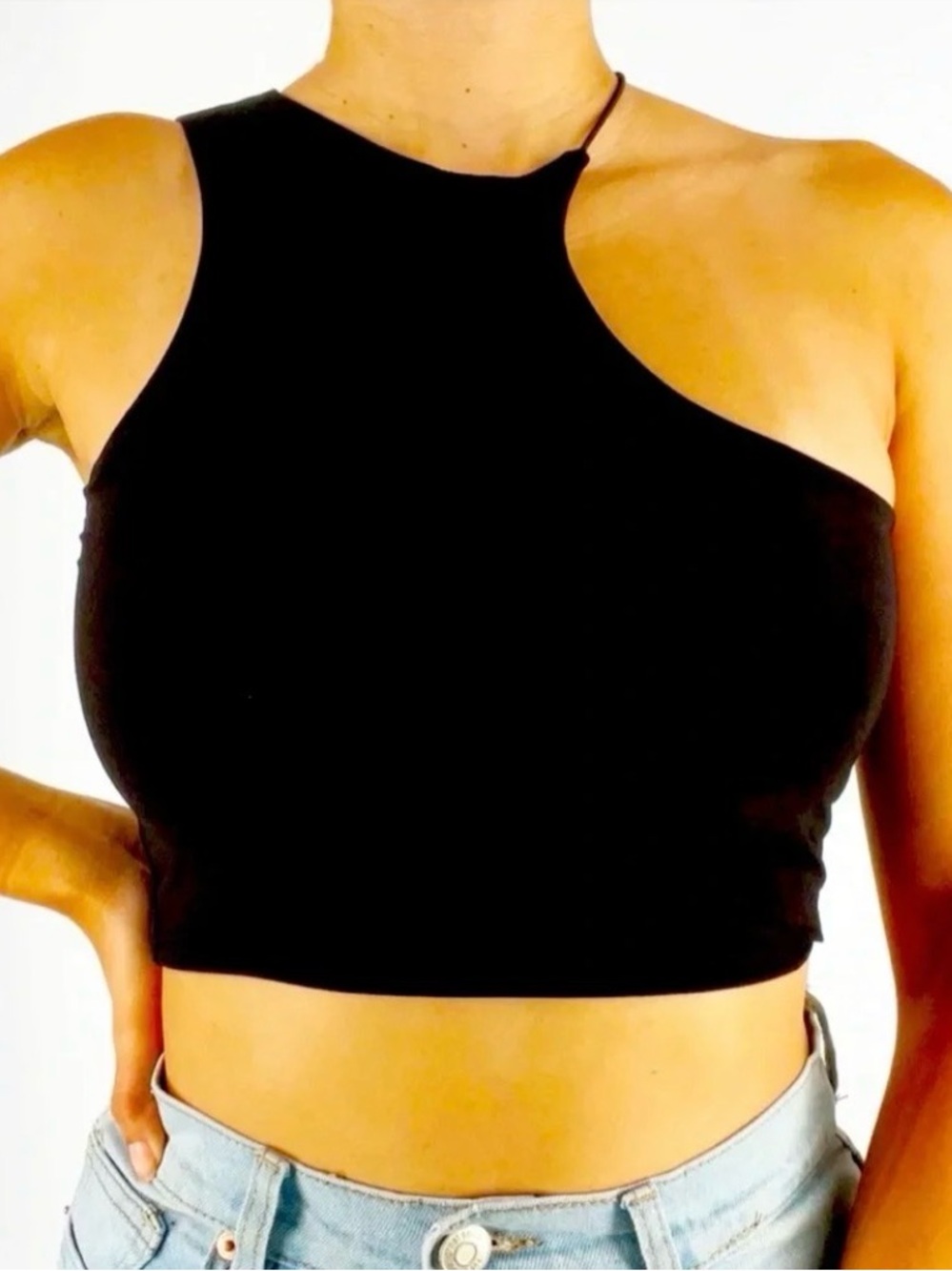 “The never basic” Asymmetric One-Shoulder Black Crop Top - Women's